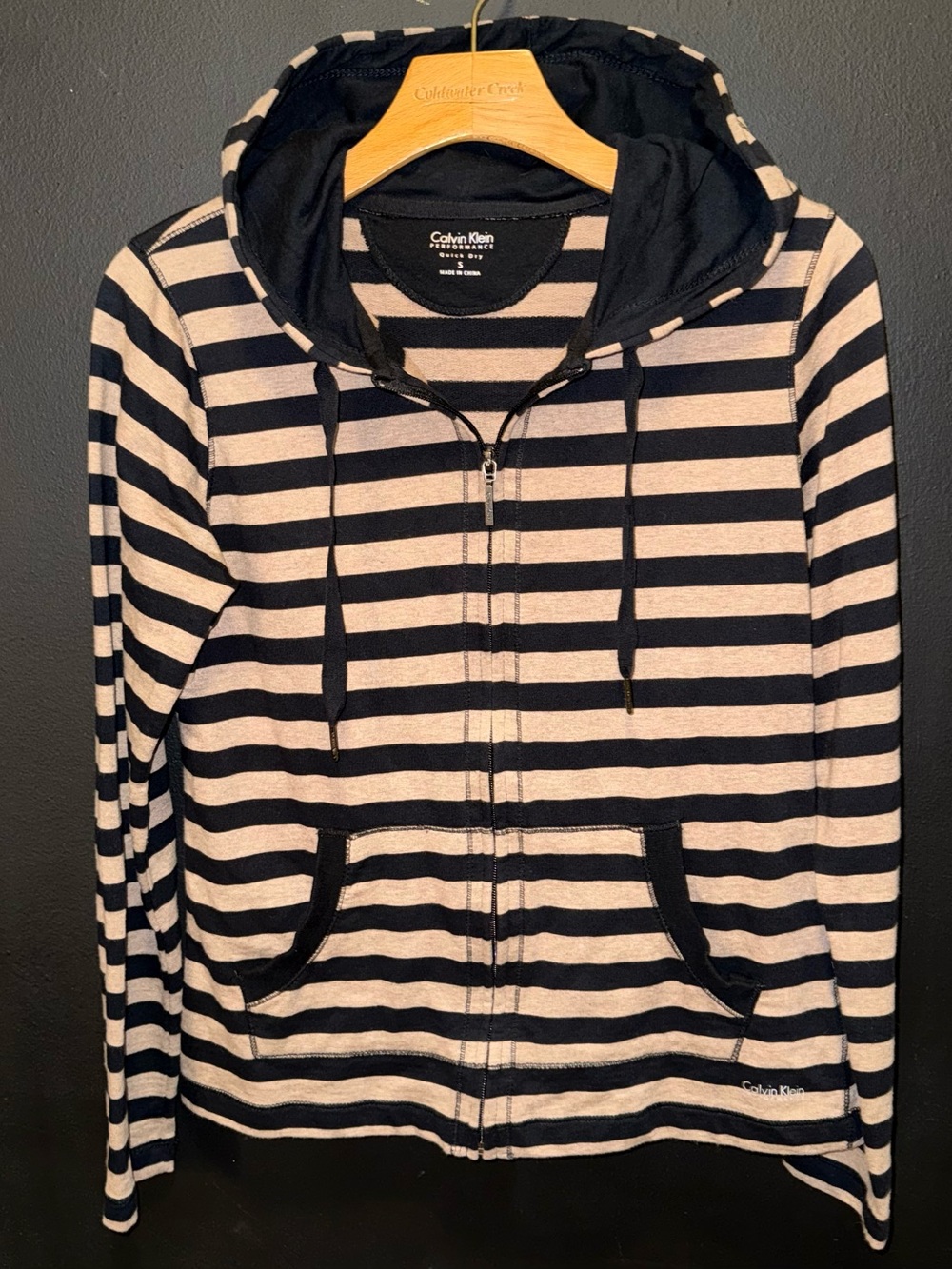 Calvin Klein Black and Cream Striped Zip Hoodie, Small